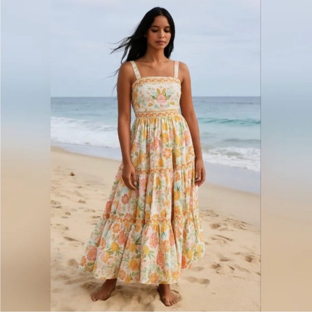 Rachel Zoe Floral Boho Tiered Ruffle Maxi Dress Size 2 Pineapple Tropical Cotton